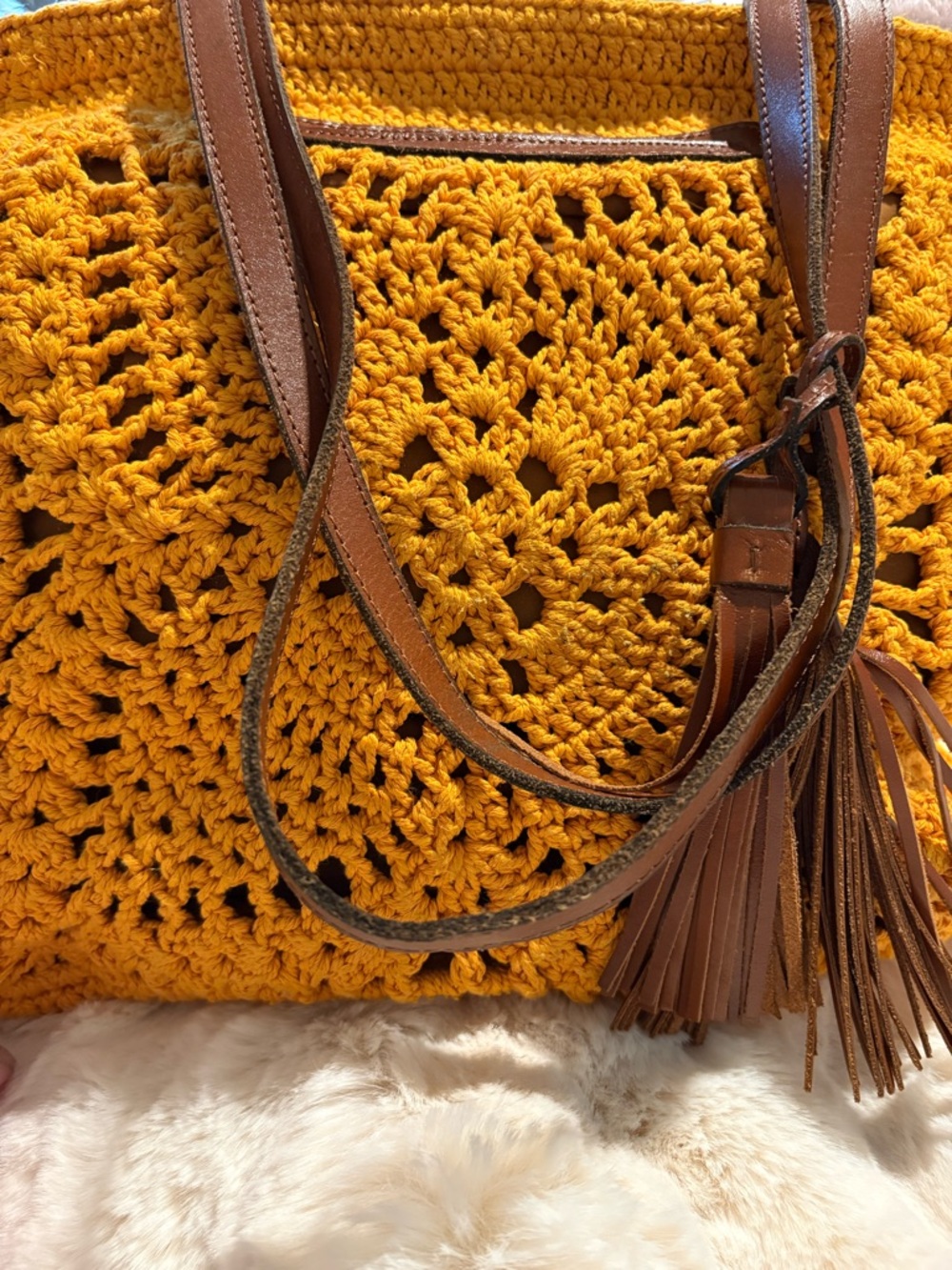 Patricia Nash Mustard Crochet Tote with Brown Leather Tassel